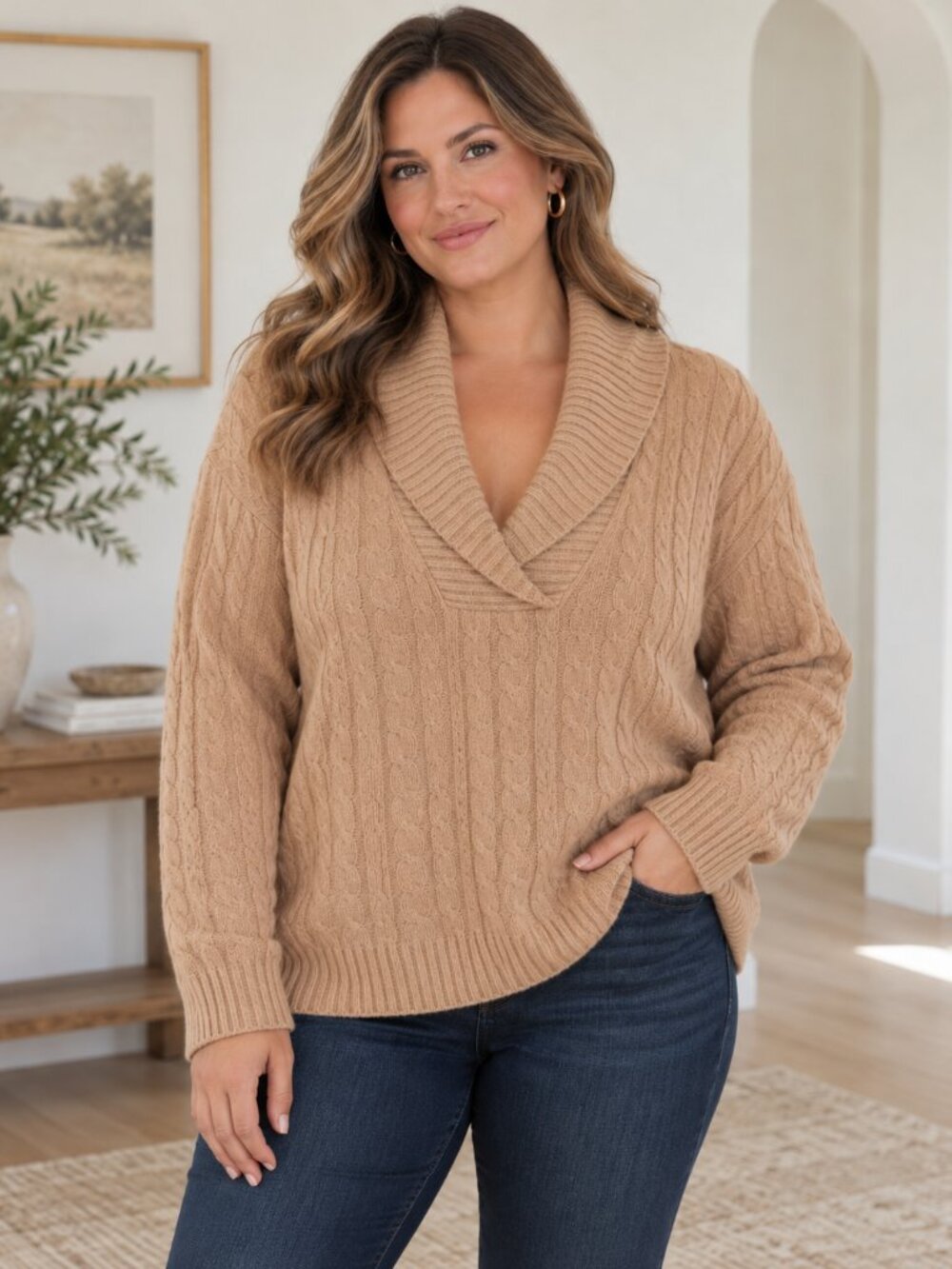 Lauren Ralph Lauren 100% Cashmere Soft Cable Knit Shawl Sweater Sz. XL